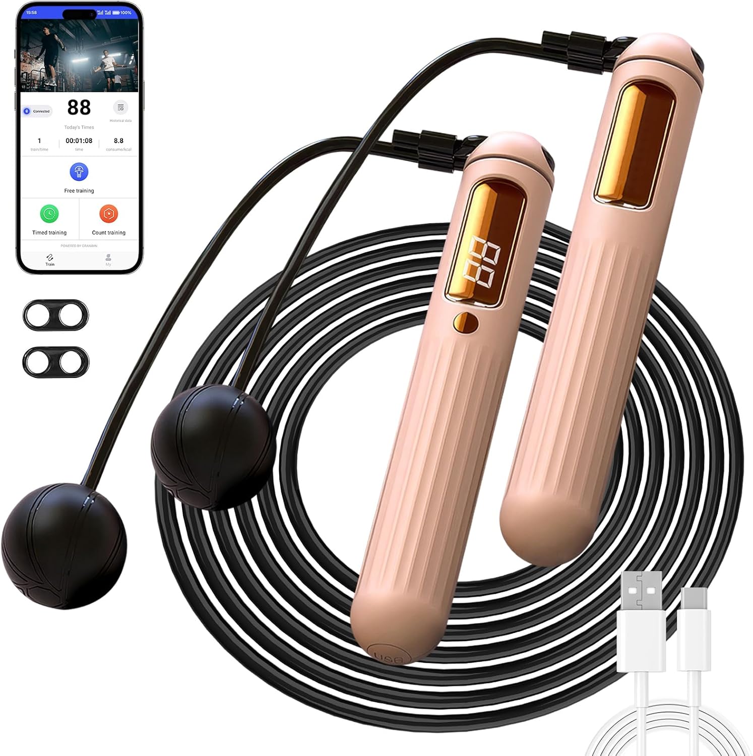 Cordless Skipping Rope with APP,Smart Jump Rope with Built-in Counter and Bluetooth Connectivity, TYPE-C Charging, Rope&Ropeless Modes,Indoor/Outdoor Family Home Gym Equipment for All Ages