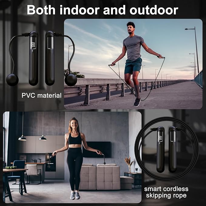 Cordless Skipping Rope with APP,Smart Jump Rope with Built-in Counter and Bluetooth Connectivity, TYPE-C Charging, Rope&Ropeless Modes,Indoor/Outdoor Family Home Gym Equipment for All Ages